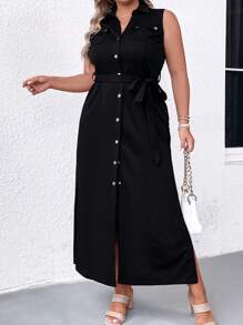 SHEIN LUNE Plus Flap Pocket Belted Shirt Dress - Black - View 3