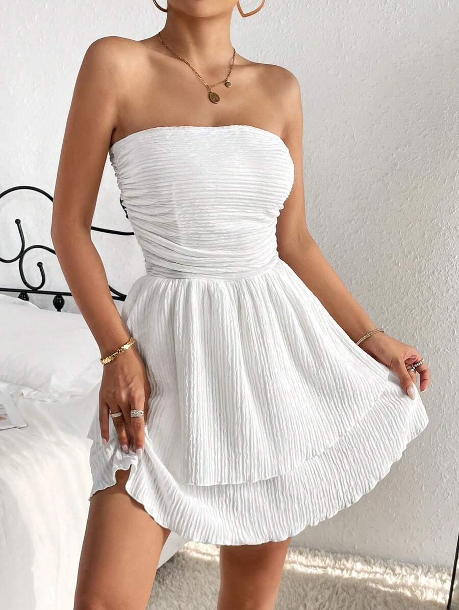 Chiquease 褶邊二層下擺抹胸連衣裙 - 白色 - 查看 1