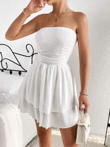 Chiquease 褶邊二層下擺抹胸連衣裙 - 白色 - 查看 4