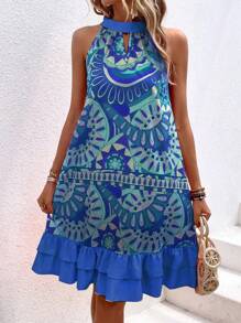 SHEIN VCAY Mandala Print Keyhole Neck Ruffle Hem Dress - Blue - View 3