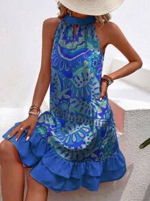 SHEIN VCAY Mandala Print Keyhole Neck Ruffle Hem Dress - Blue - View 5