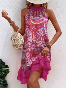 SHEIN VCAY 曼陀羅印花鎖眼領荷葉邊掛脖連衣裙 - 粉色 - 查看 5