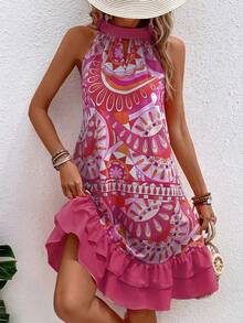 SHEIN VCAY 曼陀羅印花鎖眼領荷葉邊掛脖連衣裙 - 粉色 - 查看 6