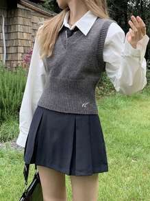 Alicedudu 1 pieza Chaleco de punto con bordado con patrón de letra - Gris Oscuro - Ver 1