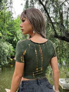 AAmilife Camiseta de tie dye fruncido bajo asimétrico - Verde militar - Ver 2