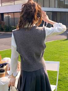 Alicedudu 1 pieza Chaleco de punto con bordado con patrón de letra - Gris Oscuro - Ver 2