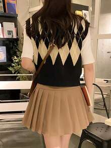 菱形印花毛衣背心 - 黑色 - 查看 2