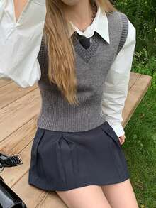 Alicedudu 1 pieza Chaleco de punto con bordado con patrón de letra - Gris Oscuro - Ver 4