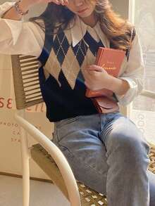 菱形印花毛衣背心 - 黑色 - 查看 4