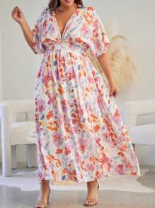 Floral Print Plunging Neck Batwing Sleeve Dress - Apricot - View 1