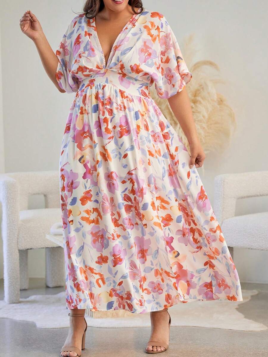 Floral Print Plunging Neck Batwing Sleeve Dress - Apricot - View 1