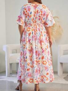 Floral Print Plunging Neck Batwing Sleeve Dress - Apricot - View 2
