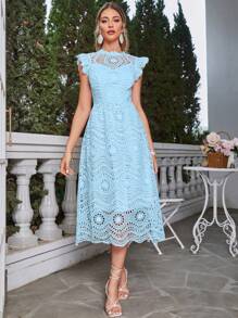 Simplee Ruffle Trim Guipure Lace Overlay Dress - Blue - View 1