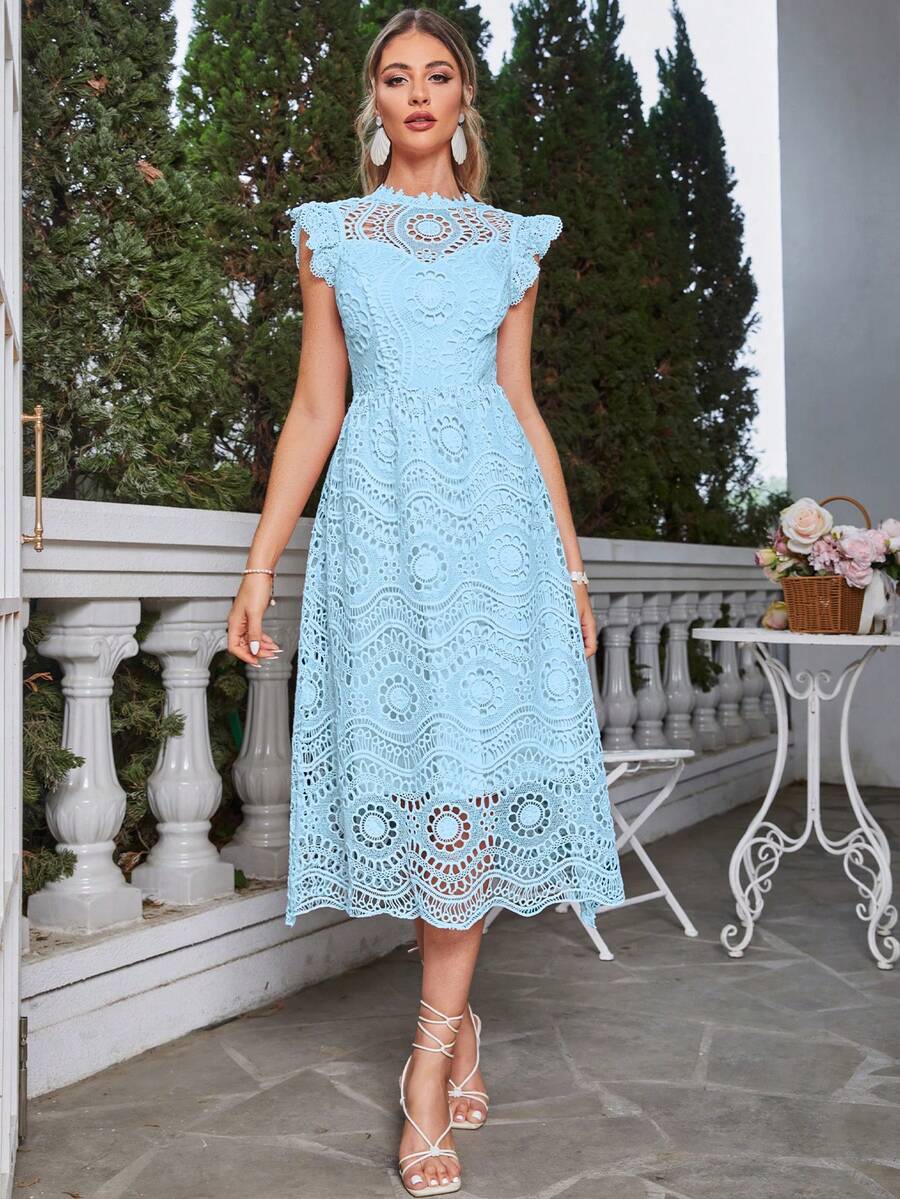 Simplee Ruffle Trim Guipure Lace Overlay Dress - Blue - View 1