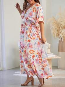 Floral Print Plunging Neck Batwing Sleeve Dress - Apricot - View 3