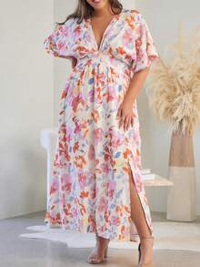 Floral Print Plunging Neck Batwing Sleeve Dress - Apricot - View 5