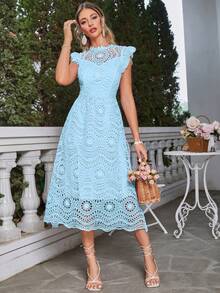 Simplee Ruffle Trim Guipure Lace Overlay Dress - Blue - View 5