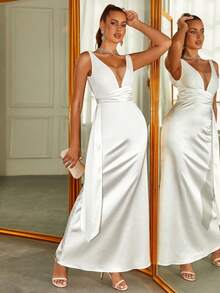 PARTHEA Kim sa Không lưng Cổ chữ V Ren Nối Xù Xa ten Đầm - trắng - Xem 3