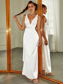 PARTHEA Kim sa Không lưng Cổ chữ V Ren Nối Xù Xa ten Đầm - trắng - Xem 6