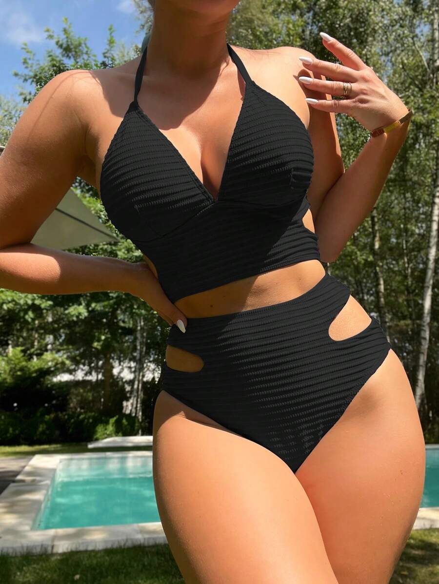 Cut Out Halter High Waisted Bikini Set For Summer Beach - Black - View 1