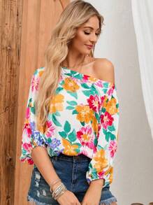 印花不對稱領燈籠袖襯衫 - 白色 - 查看 1