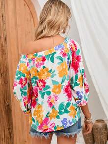 印花不對稱領燈籠袖襯衫 - 白色 - 查看 2