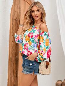 印花不對稱領燈籠袖襯衫 - 白色 - 查看 3