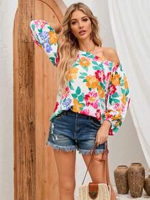 印花不對稱領燈籠袖襯衫 - 白色 - 查看 5