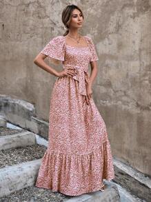 EURMUSE Ditsy Floral Print Butterfly Sleeve Ruffle Hem Belted Dress - Pink - View 3