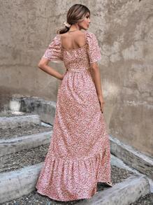 EURMUSE Ditsy Floral Print Butterfly Sleeve Ruffle Hem Belted Dress - Pink - View 2