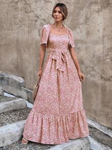 EURMUSE Ditsy Floral Print Butterfly Sleeve Ruffle Hem Belted Dress - Pink - View 1