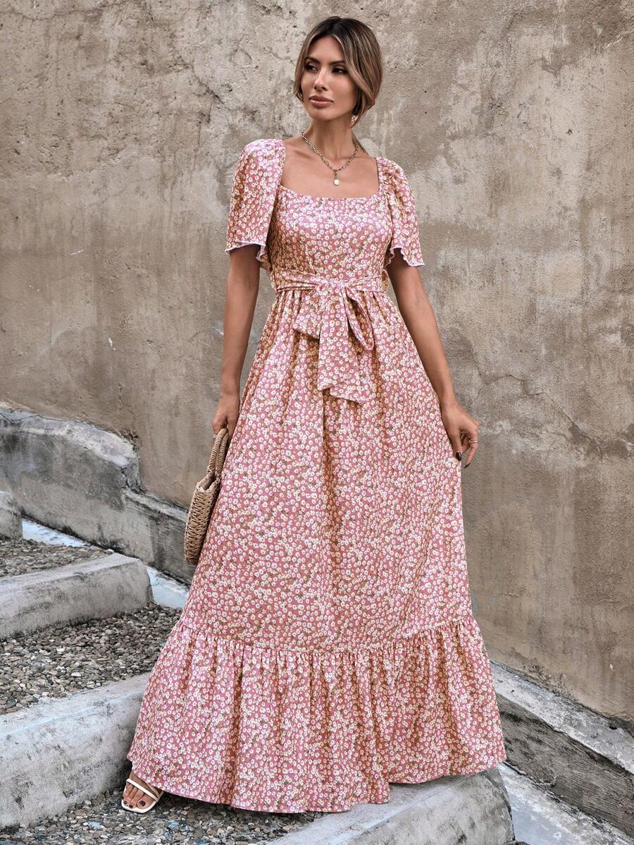 EURMUSE Ditsy Floral Print Butterfly Sleeve Ruffle Hem Belted Dress - Pink - View 1