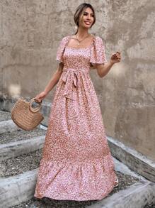 EURMUSE Ditsy Floral Print Butterfly Sleeve Ruffle Hem Belted Dress - Pink - View 4