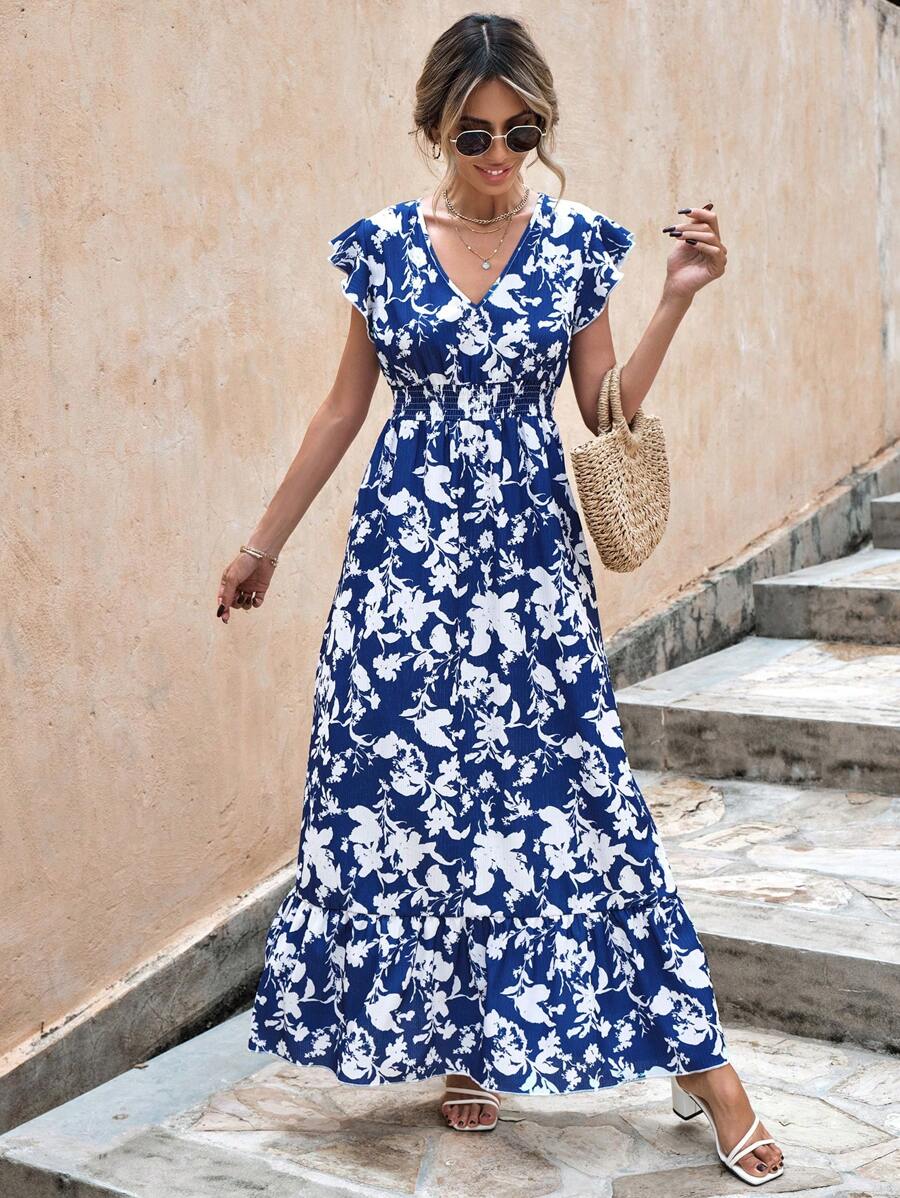 EURMUSE Women's Floral Print V-Neck Ruffle Hem Vacation Dress, Summer - Multicolor - View 1