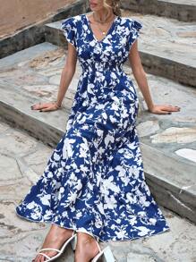 EURMUSE Women's Floral Print V-Neck Ruffle Hem Vacation Dress, Summer - Multicolor - View 3