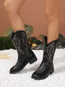 女性時尚黑色刺繡西部牛仔靴適用於寬腳 - 黑色 - 查看 2