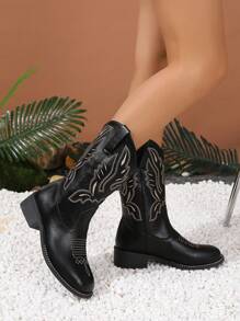 女性時尚黑色刺繡西部牛仔靴適用於寬腳 - 黑色 - 查看 3