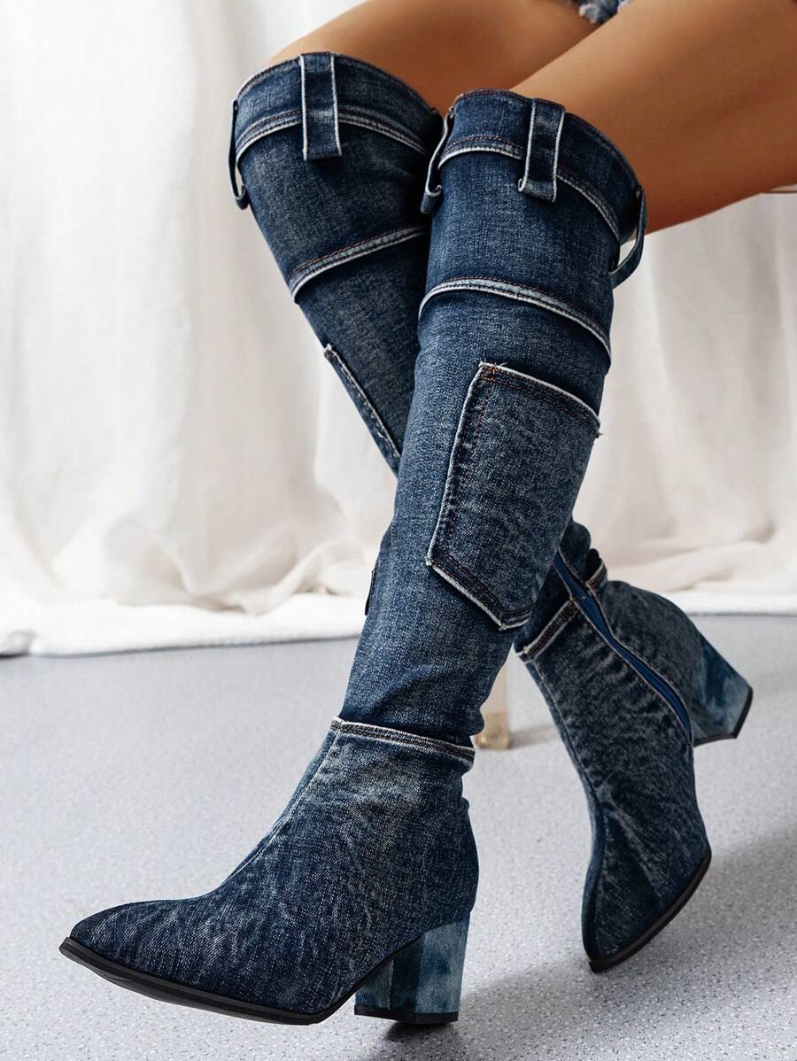 秋冬女士时尚蓝色粗跟过膝中筒西部靴，适合搭配毛衣