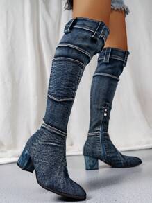 秋冬女士时尚蓝色粗跟过膝中筒西部靴，适合搭配毛衣 - 藍色 - 查看 5