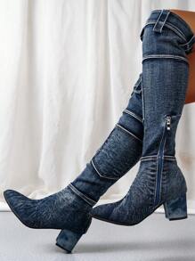 秋冬女士时尚蓝色粗跟过膝中筒西部靴，适合搭配毛衣 - 藍色 - 查看 6