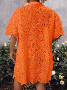 大碼網眼刺繡落肩袖襯衫連衣裙 - 橘色 - 查看 2