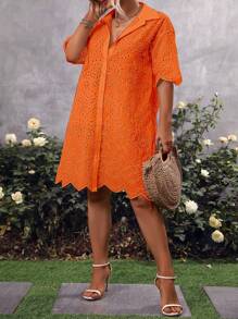 大碼網眼刺繡落肩袖襯衫連衣裙 - 橘色 - 查看 4