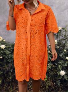 大碼網眼刺繡落肩袖襯衫連衣裙 - 橘色 - 查看 5
