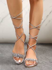 Giày Sandal Nữ Trang Trí Hoa Đính Kim Cương Giả, Giày Đế Bằng PVC Quyến Rũ Cho Mùa Hè - Trong sáng - Xem 5