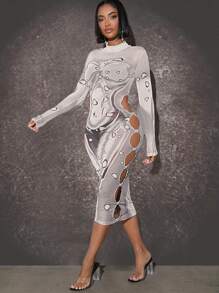 SHEIN Unity Bản đồ Thân nhiệt In Cắt ra Đầm - Nhiều màu - Xem 4