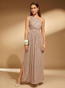 SHEIN Belle 单肩开叉大腿亮片连衣裙婚礼宾客礼服女士优雅正式晚会舞会礼服，适合毕业典礼、晚宴 - 卡其色 - 查看 5