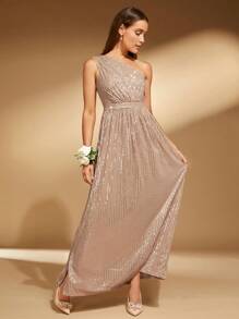 SHEIN Belle 单肩开叉大腿亮片连衣裙婚礼宾客礼服女士优雅正式晚会舞会礼服，适合毕业典礼、晚宴 - 卡其色 - 查看 1