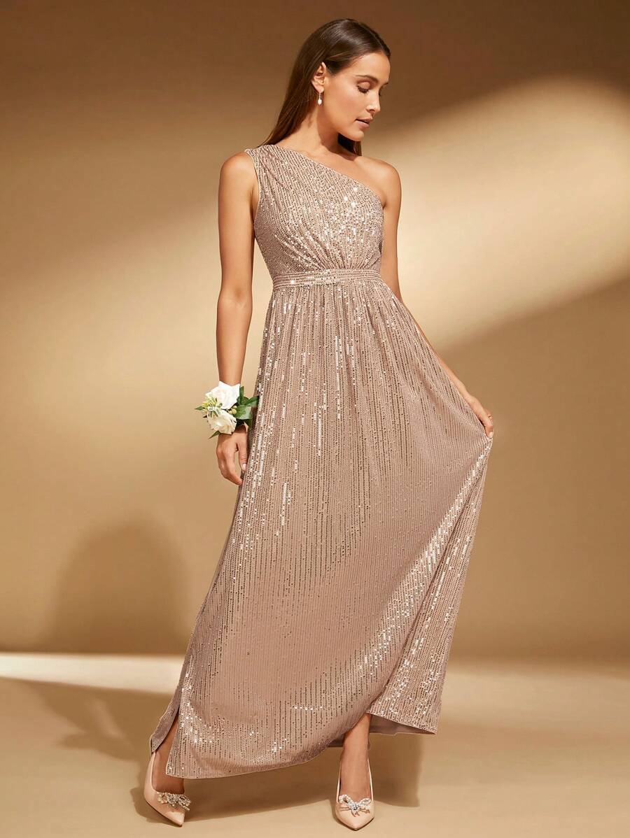 SHEIN Belle 单肩开叉大腿亮片连衣裙婚礼宾客礼服女士优雅正式晚会舞会礼服，适合毕业典礼、晚宴 - 卡其色 - 查看 1