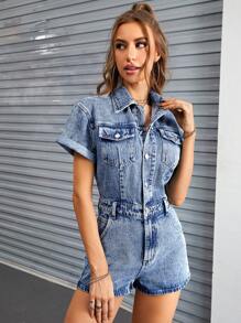 SHEIN ICON 翻蓋口袋前紐扣牛仔連體短褲不附腰帶 - 中等水洗藍 - 查看 1