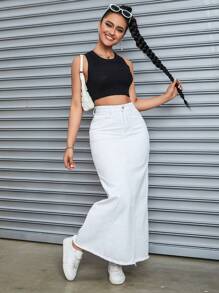 Jeanoix Raw Hem Denim Skirt - White - View 4